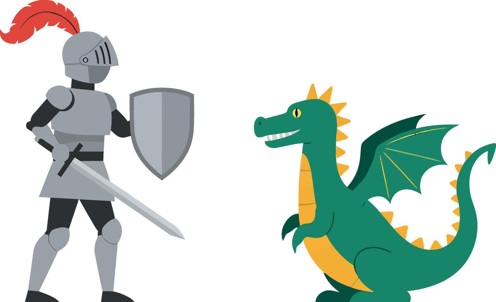 Knight in armor with red plume facing green dragon with wings fantasy illustration vector