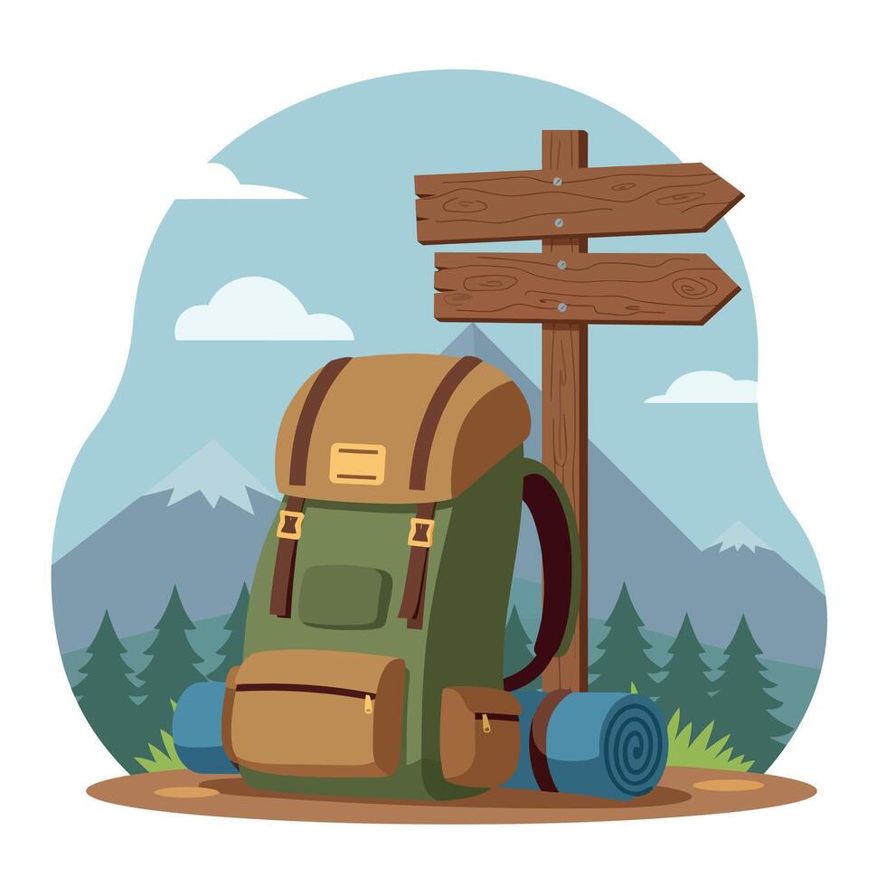 Hiking backpack with wooden direction signpost in mountain forest landscape illustration vector