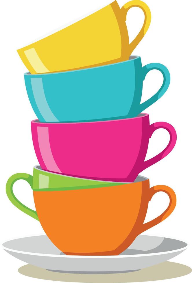 Colorful stacked coffee cups with yellow turquoise pink green and orange in illustration vector