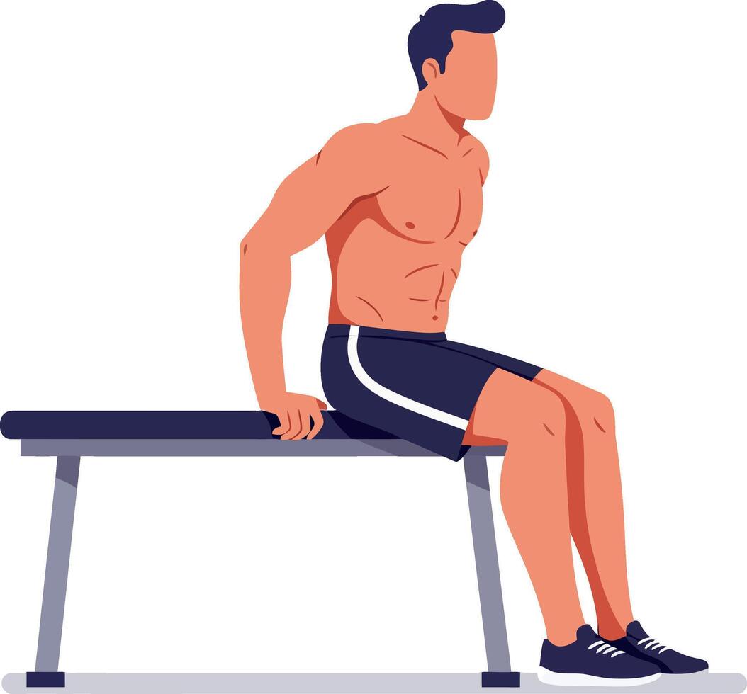 Muscular man exercising on bench in athletic shorts and sneakers illustration vector