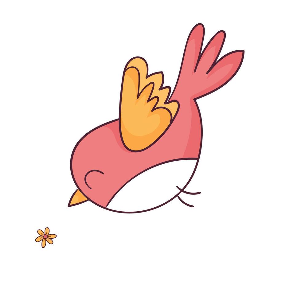 A cute pink bird looking at a small flower cartoon illustration vector