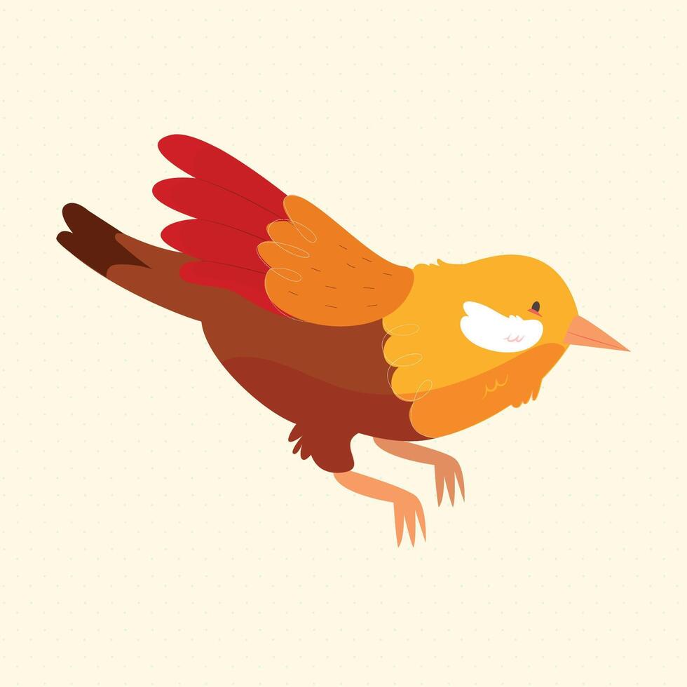 Cute cartoon bird with orange, yellow, and brown feathers in flight vector