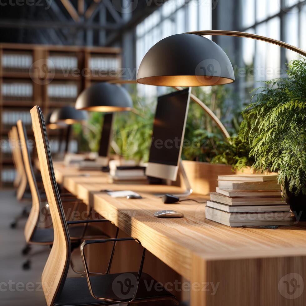 Modern workspace with greenery and digital devices photo