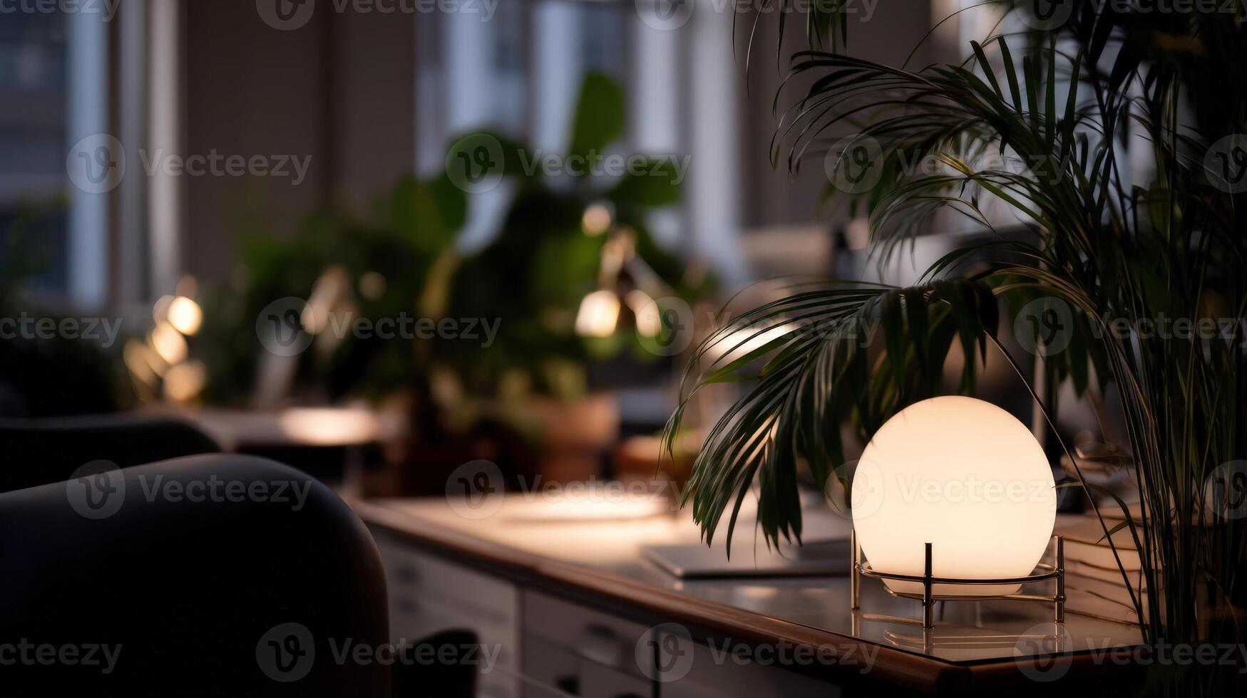Cozy workspace with plants and warm lighting at dusk photo
