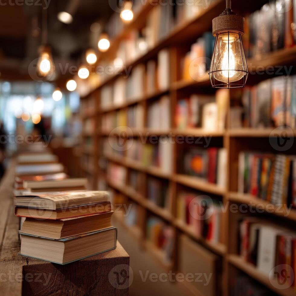 Cozy bookstore featuring warm lighting and stacked books photo