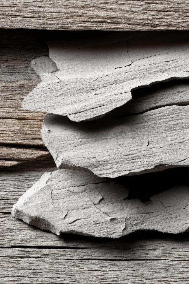 Textured white layers on rustic wood background photo