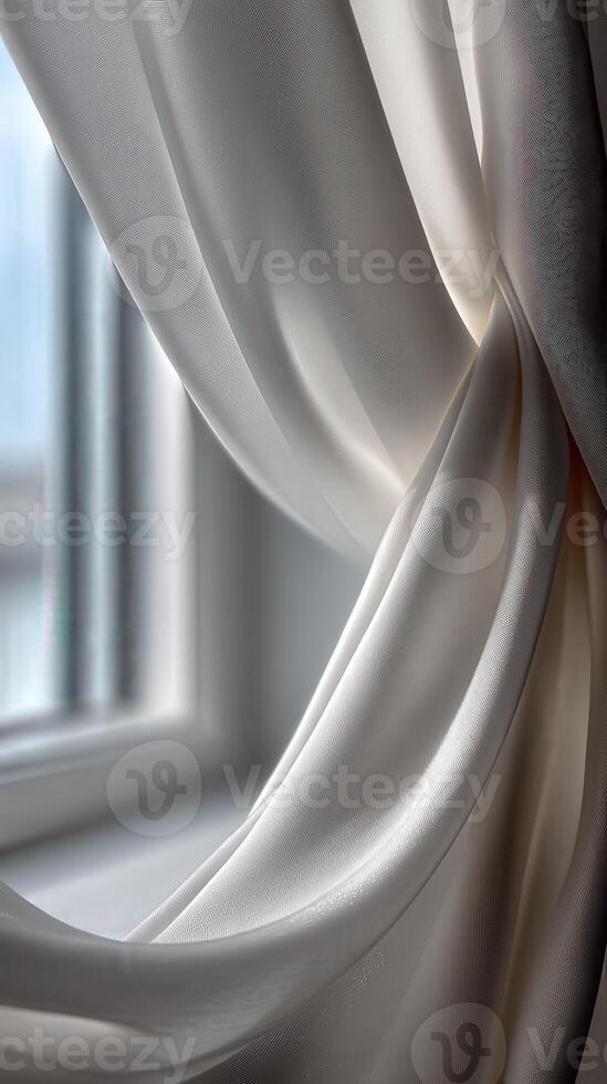 Elegant sheer curtains gently draped by a sunlit window photo