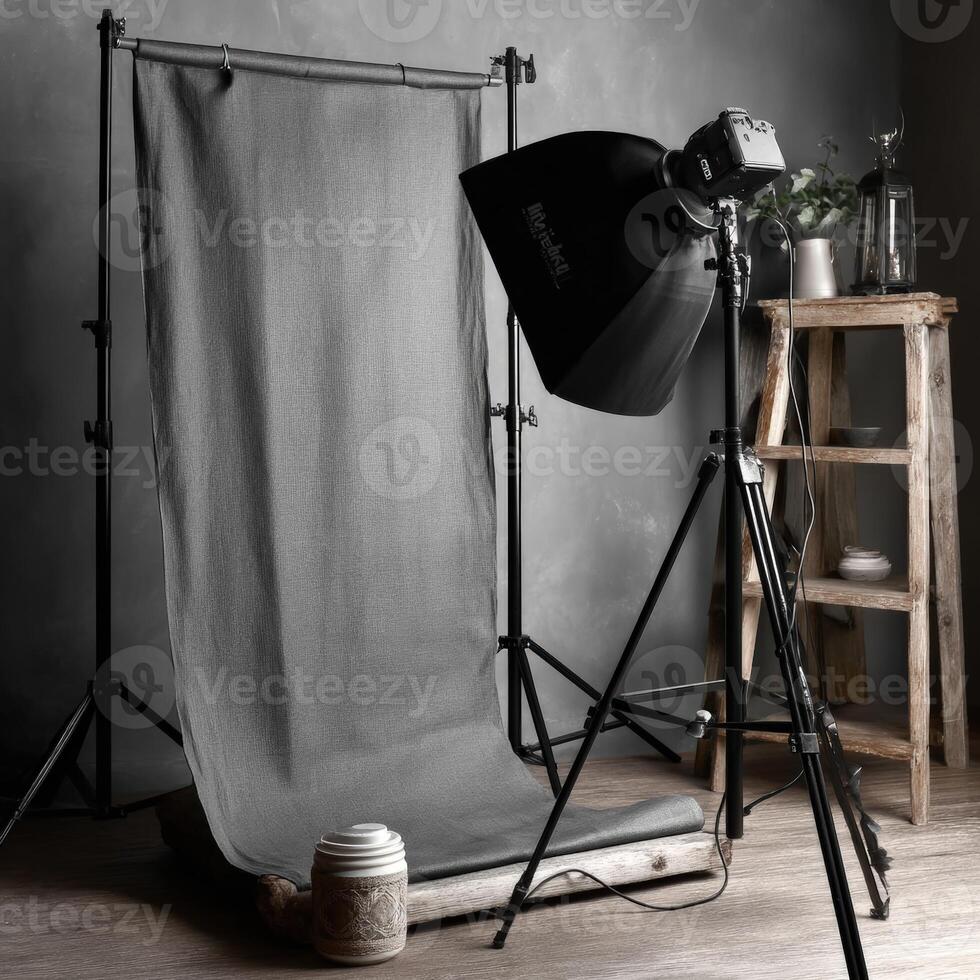 Artistic studio setup with elegant backdrop and lighting elements photo