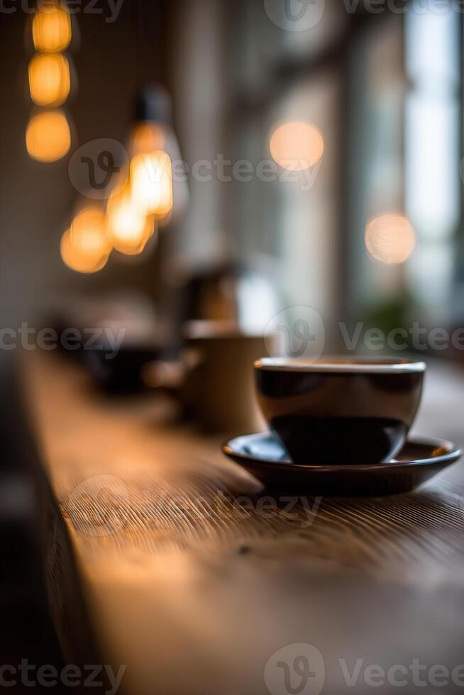 Warmth and tranquility in a cozy cafe setting with glowing lights photo