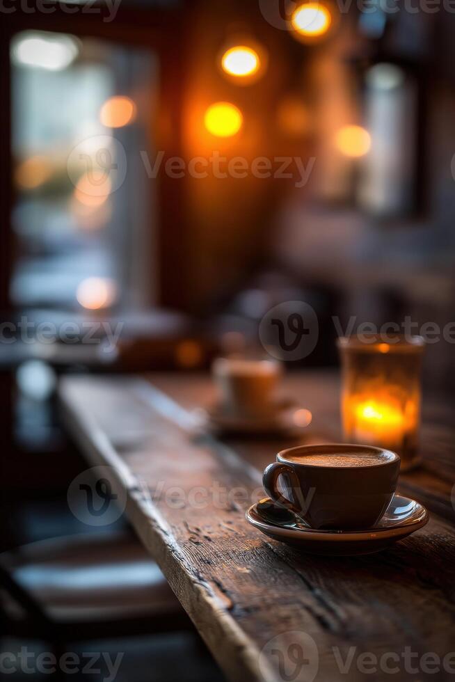 Coffee cup and candle on wooden table photo