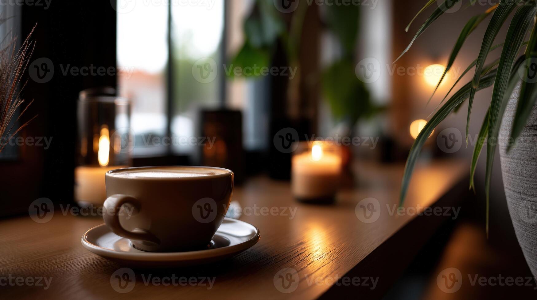 Warm ambiance envelopes cozy retreat with coffee and gentle light photo
