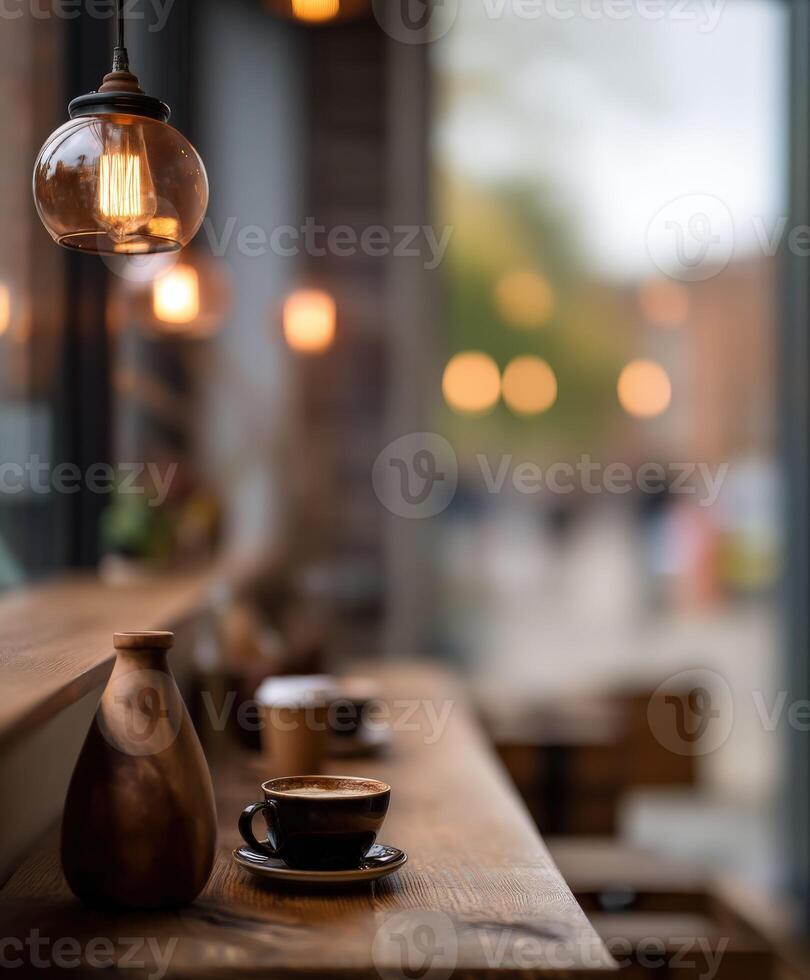 Warm ambiance in a cozy cafe with soft lighting and rich aroma photo