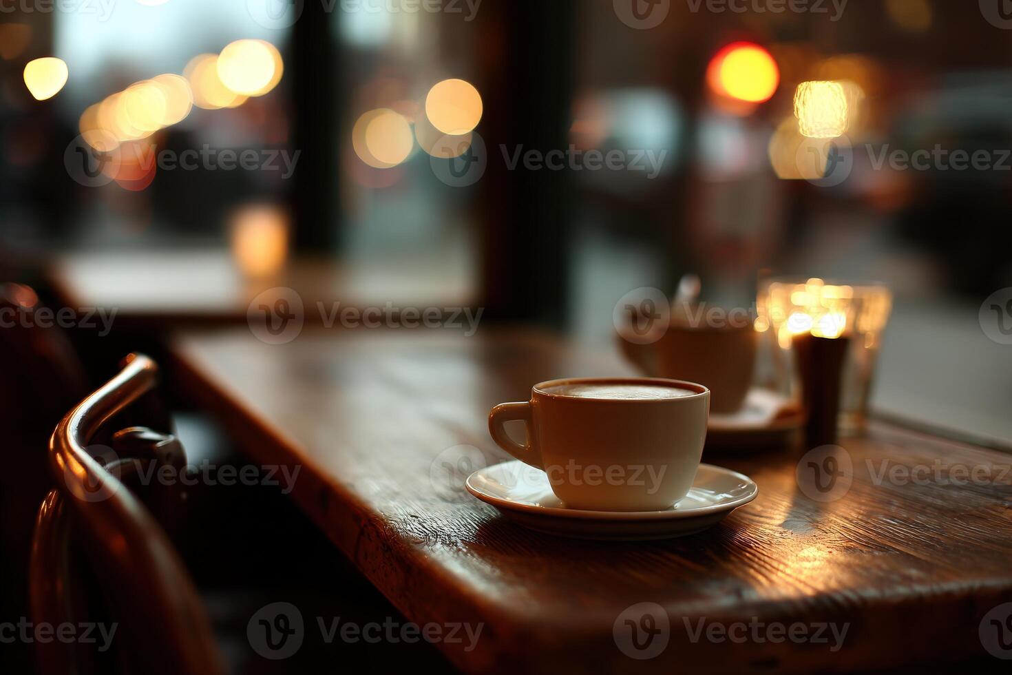 Warm coffee moments in a cozy cafe on a rainy evening photo