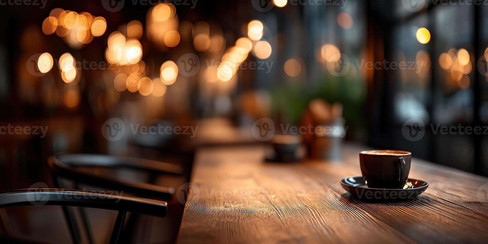 Warm ambiance fills the cozy cafe with golden lights at dusk photo