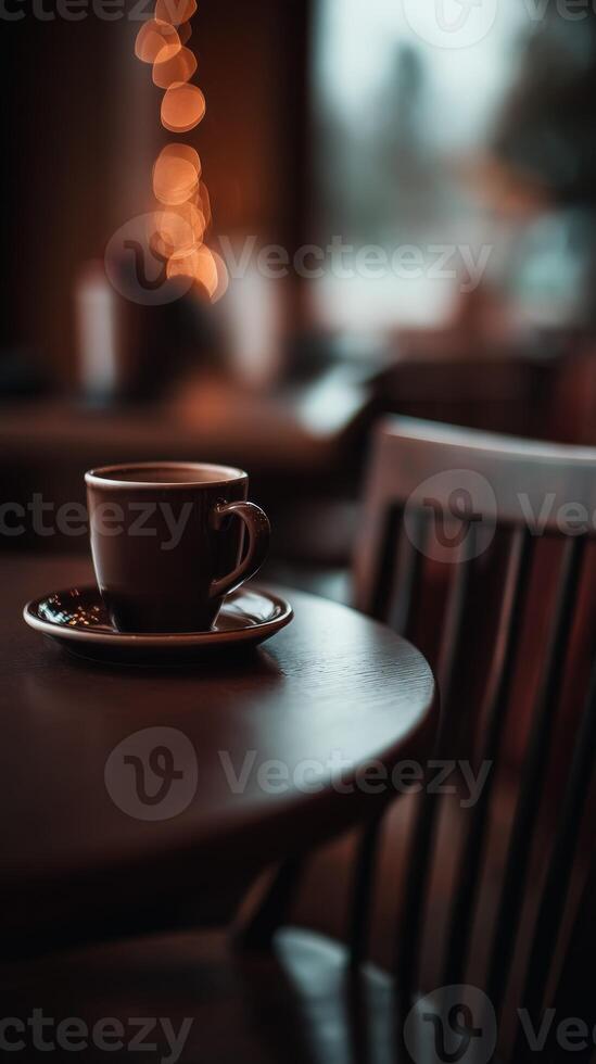 Warm coffee cup on a wooden table in a cozy interior setting photo