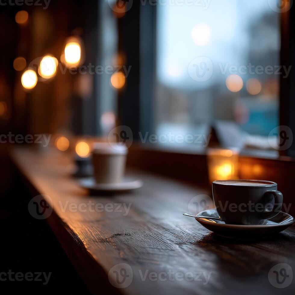 Warm evening ambiance with coffee cups in a cozy cafe setting photo