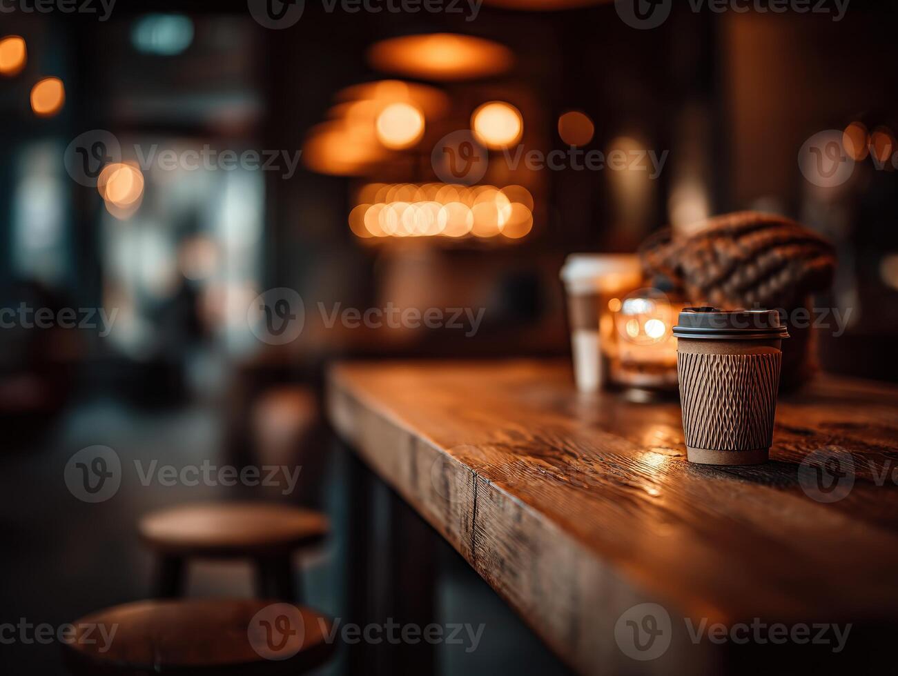 Inviting atmosphere with warm lighting and cozy decor in a cafe photo