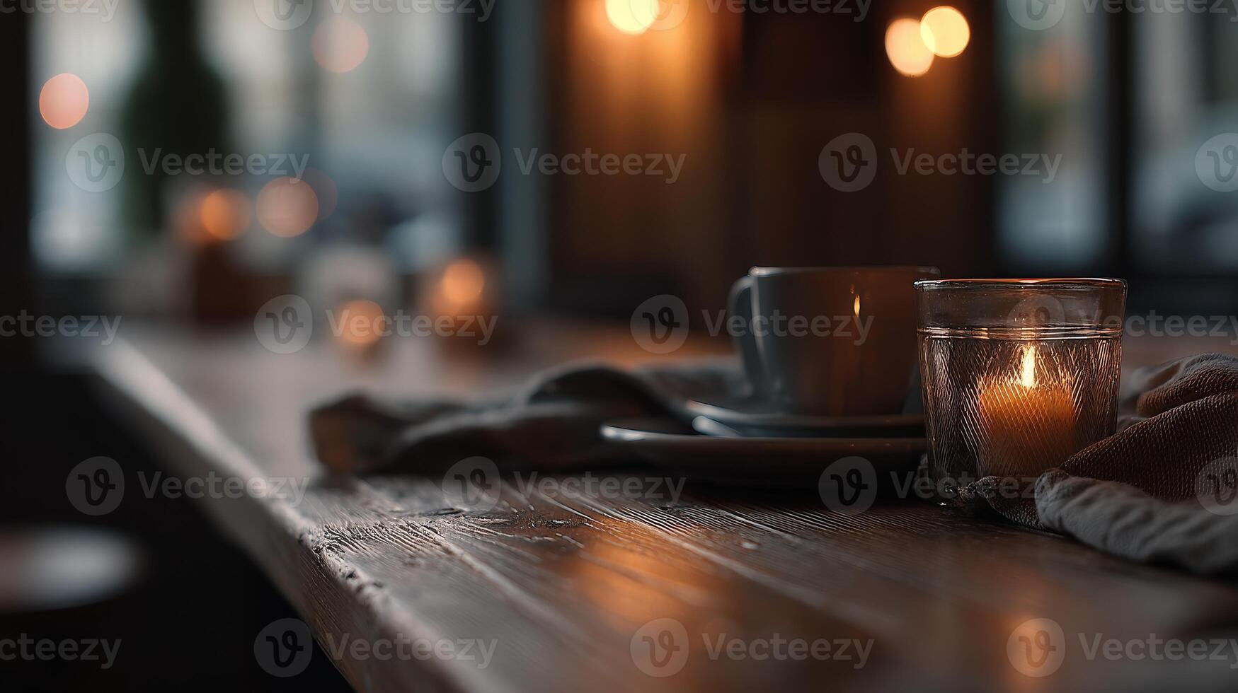 Cozy setting with warm candlelight and coffee on a rustic table photo