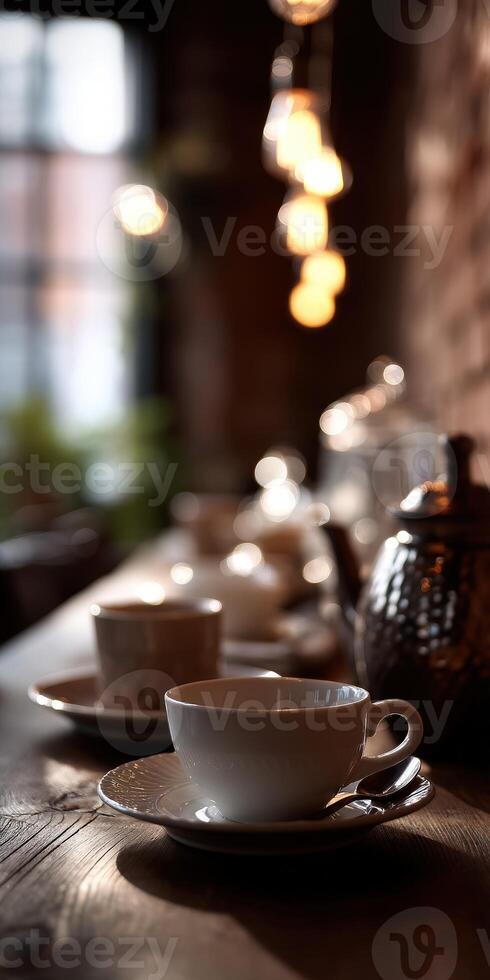 Warm ambiance surrounds cozy coffee cups in a charming interior setting photo