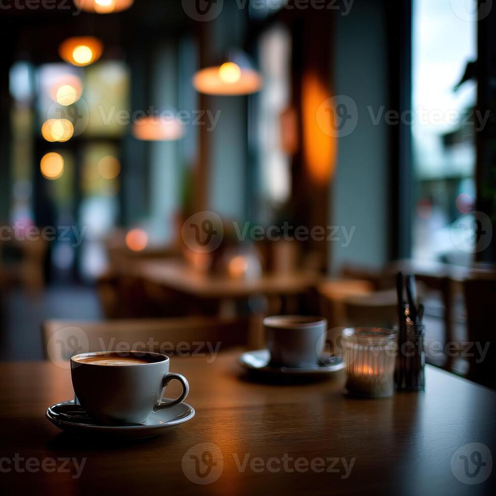 Two cups of coffee sit on a table in a restaurant photo