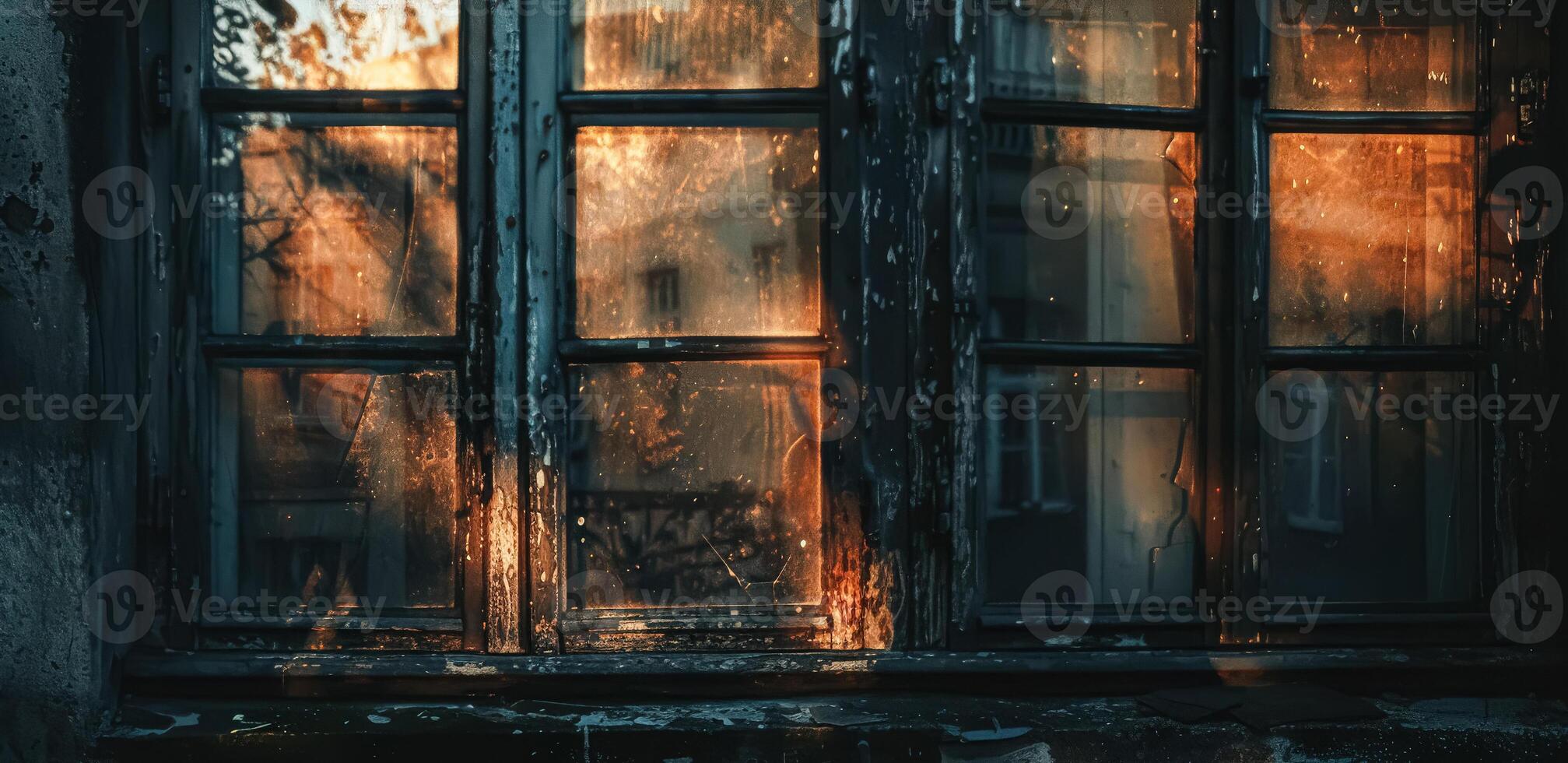 Window with a view of a building and a tree photo