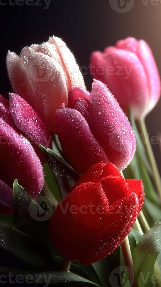 Colorful tulips with water droplets in soft light photo