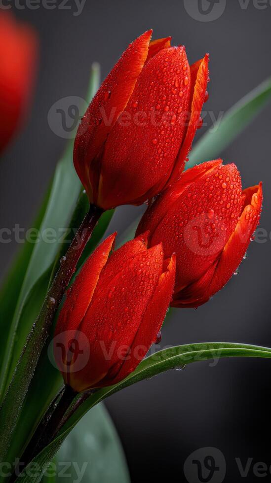 Red tulips with raindrops in cozy indoors photo