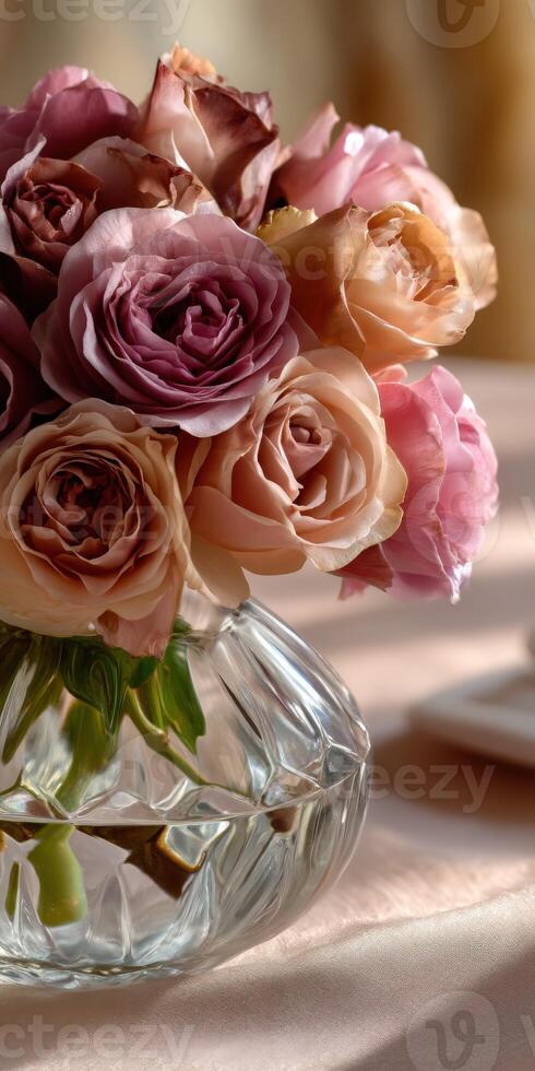 Elegant roses in a glass vase on a soft table photo