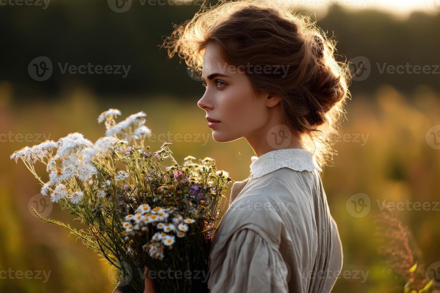 Woman collecting wildflowers in a sunlit field photo