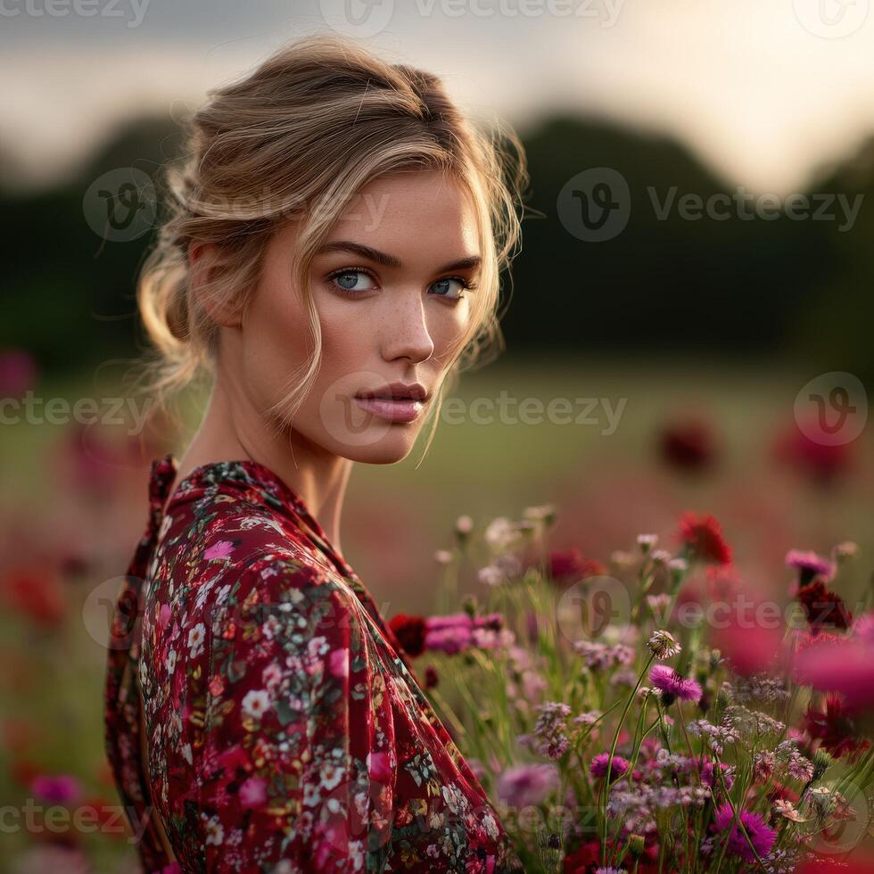 Woman in floral dress surrounded by vibrant flowers photo
