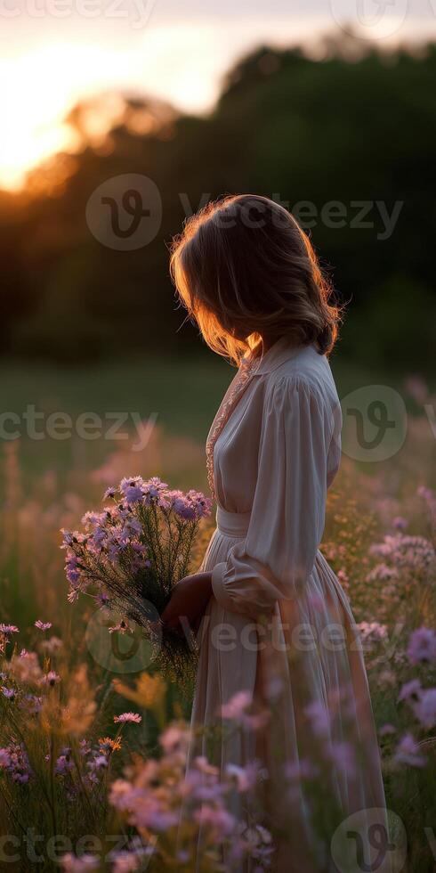 A woman in a white dress is standing in a field of flowers photo