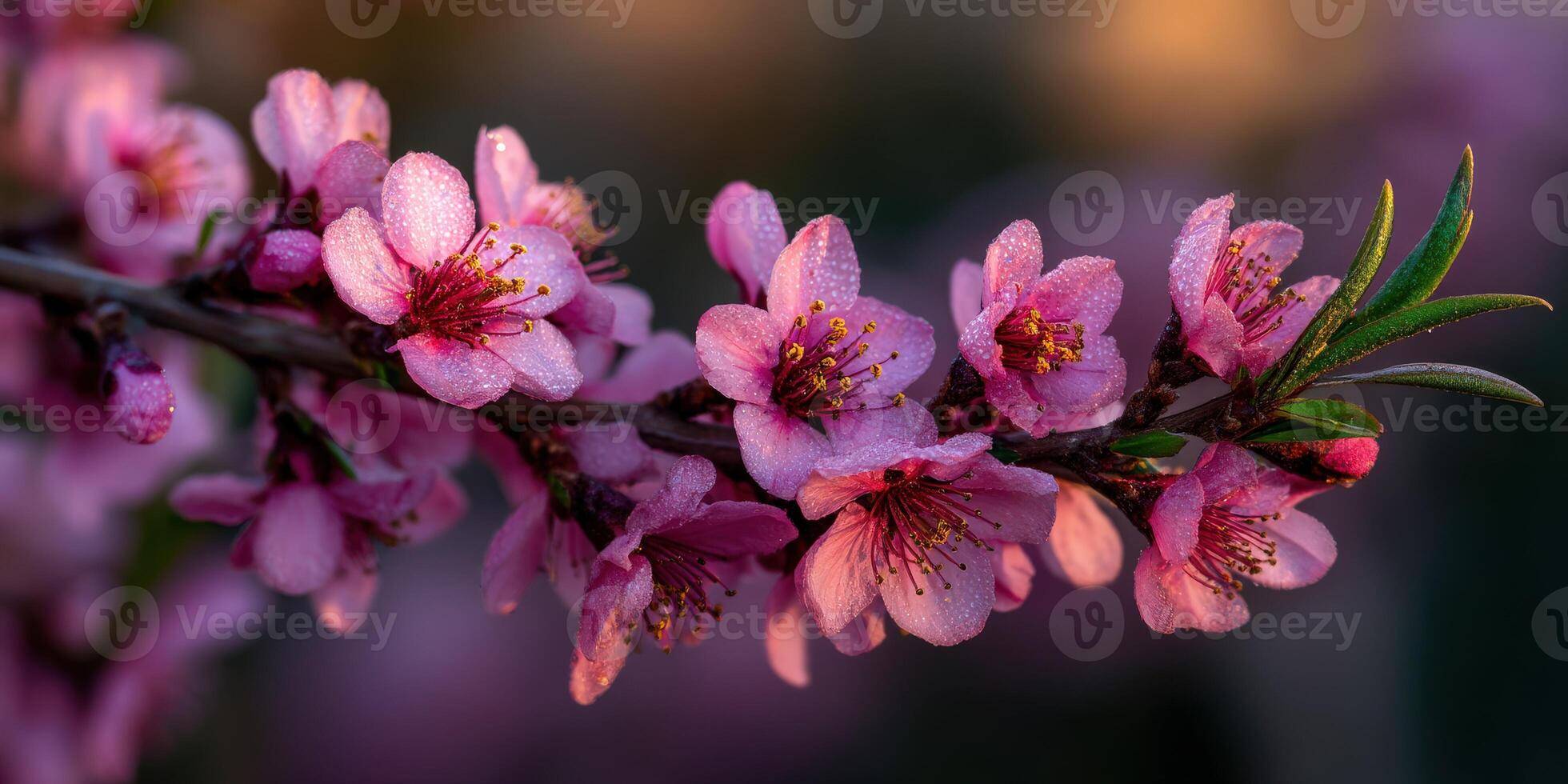 Blossoming peach tree branches in vibrant spring light photo