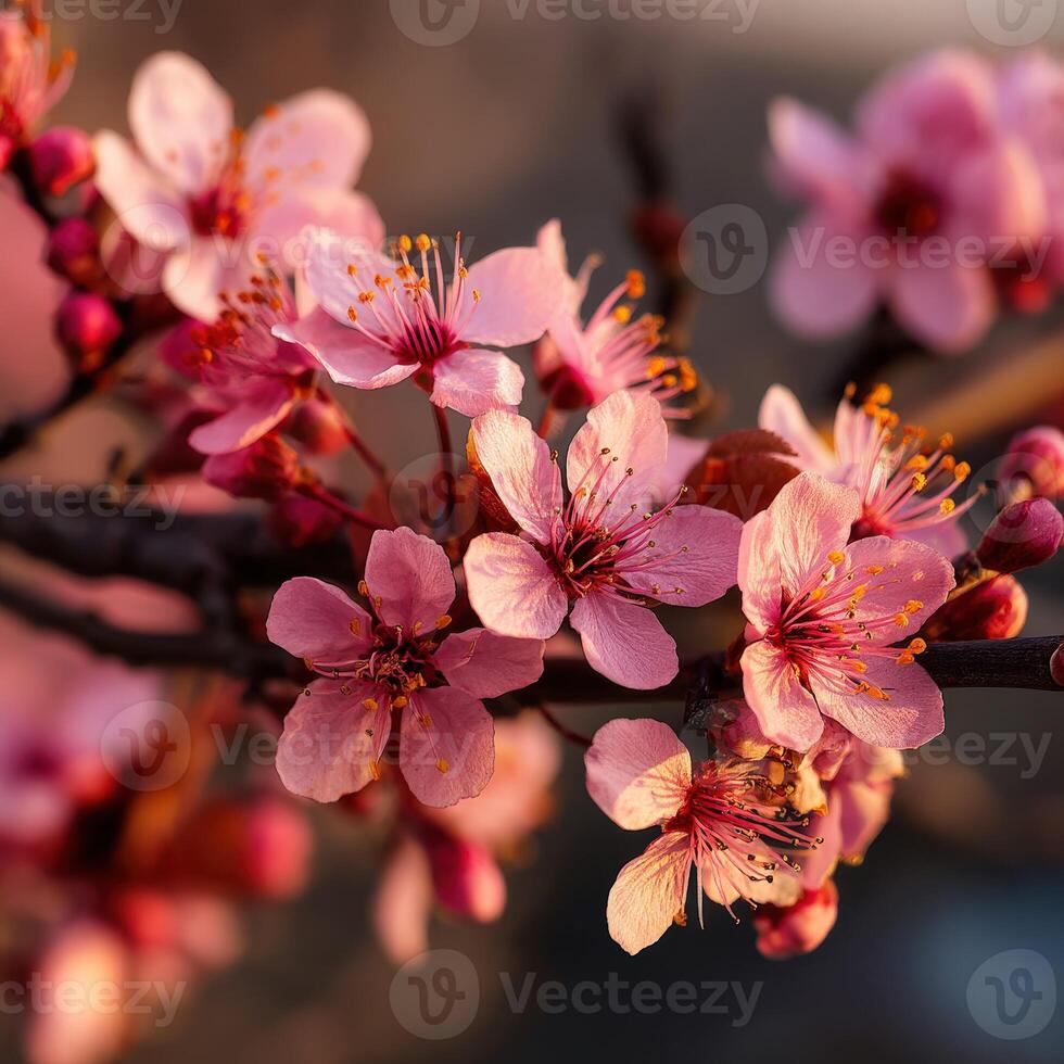 A close up of pink flowers on a tree photo