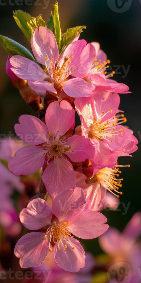 A close up of a pink flower on a tree photo