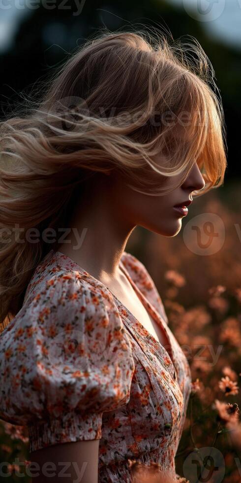Spring breeze dances through flowing hair in a meadow photo