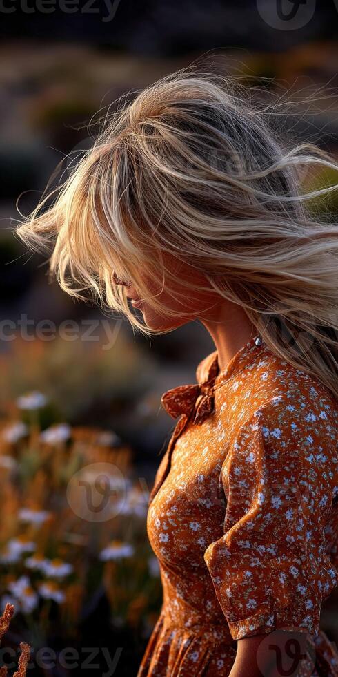 Woman enjoying spring flowers in a soft breeze photo