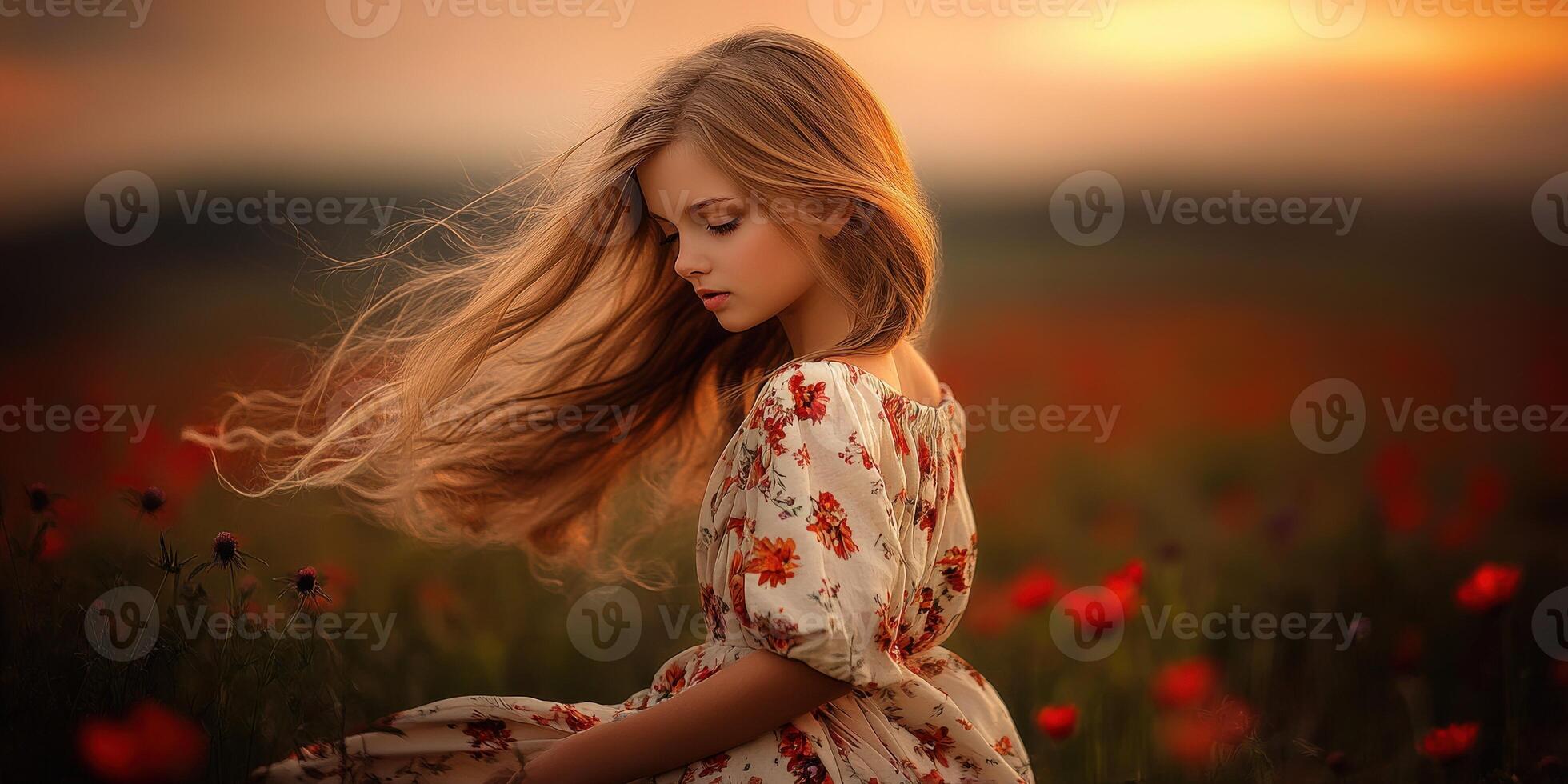 Girl enjoying a spring afternoon amidst wildflowers photo