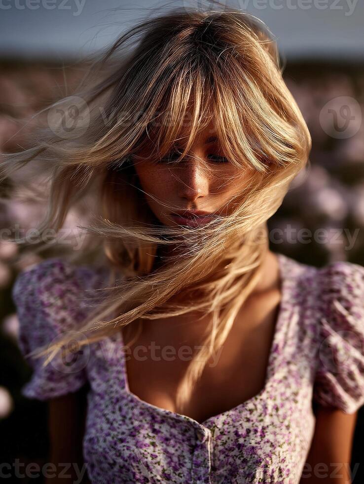 Capturing spring vibes in a blooming flower field photo