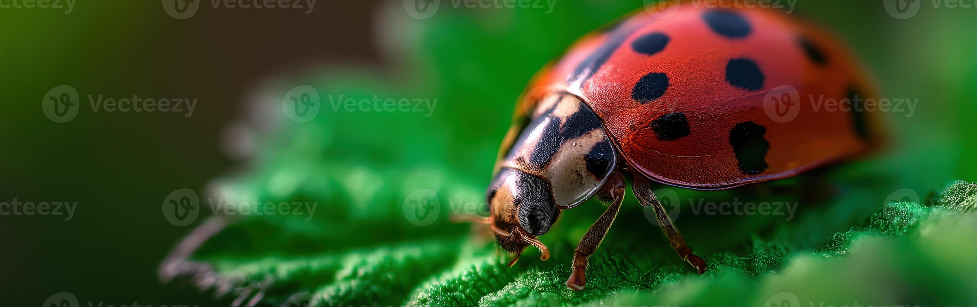Close view of a ladybug resting on a green leaf photo