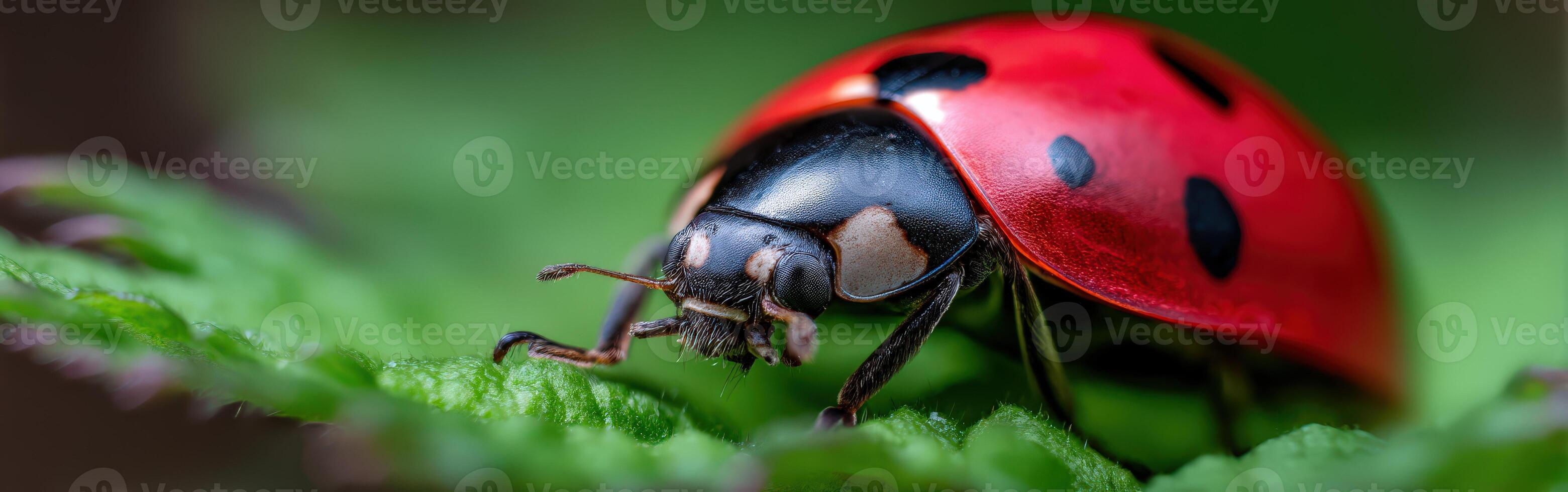 Close view of a vibrant ladybug on a green leaf photo