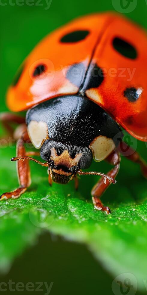 A ladybug with black spots on its back photo