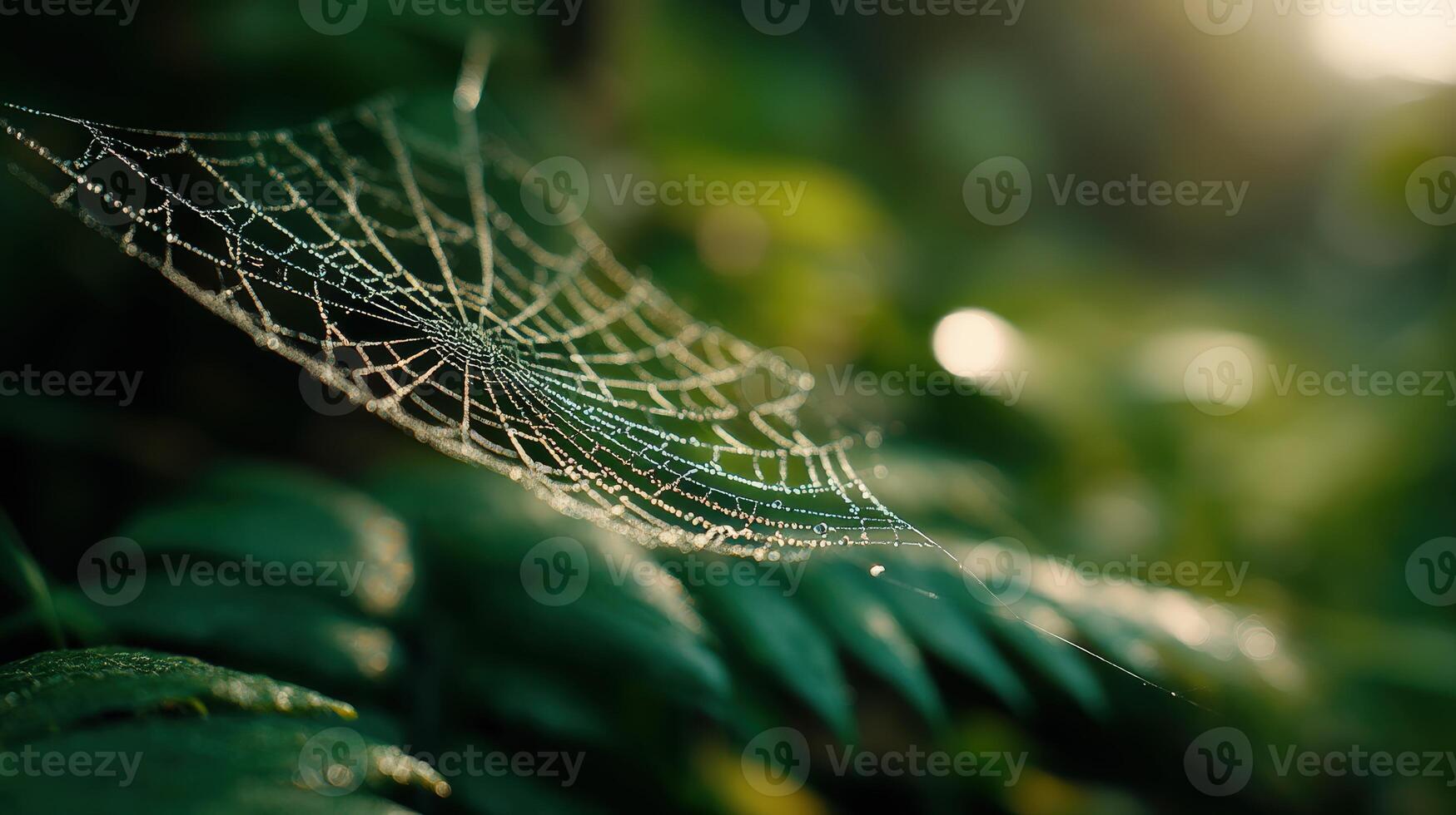 Web glistening with dew in a tranquil forest setting photo