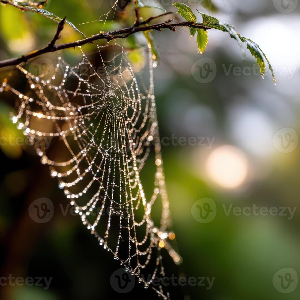 Dew-covered spider web glistens in soft morning light photo