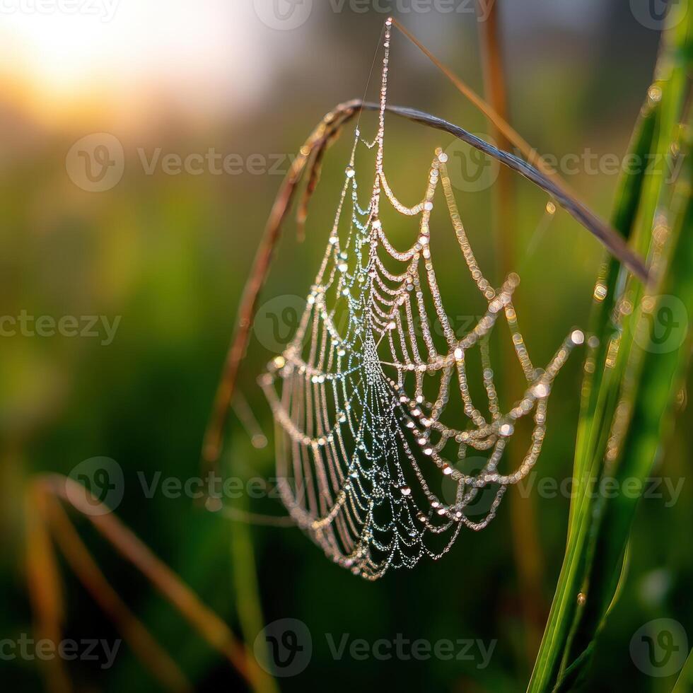 Dew-covered spiderweb glistens in the morning sun photo