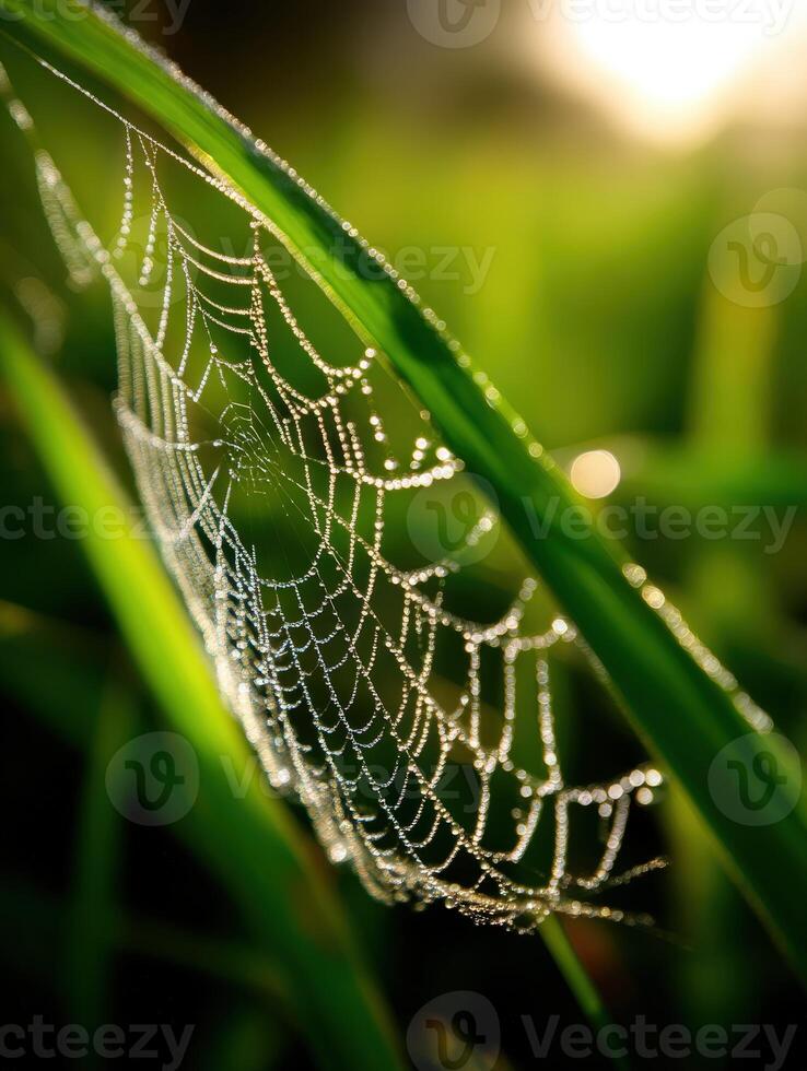 Dewy spider web glistening in morning light photo