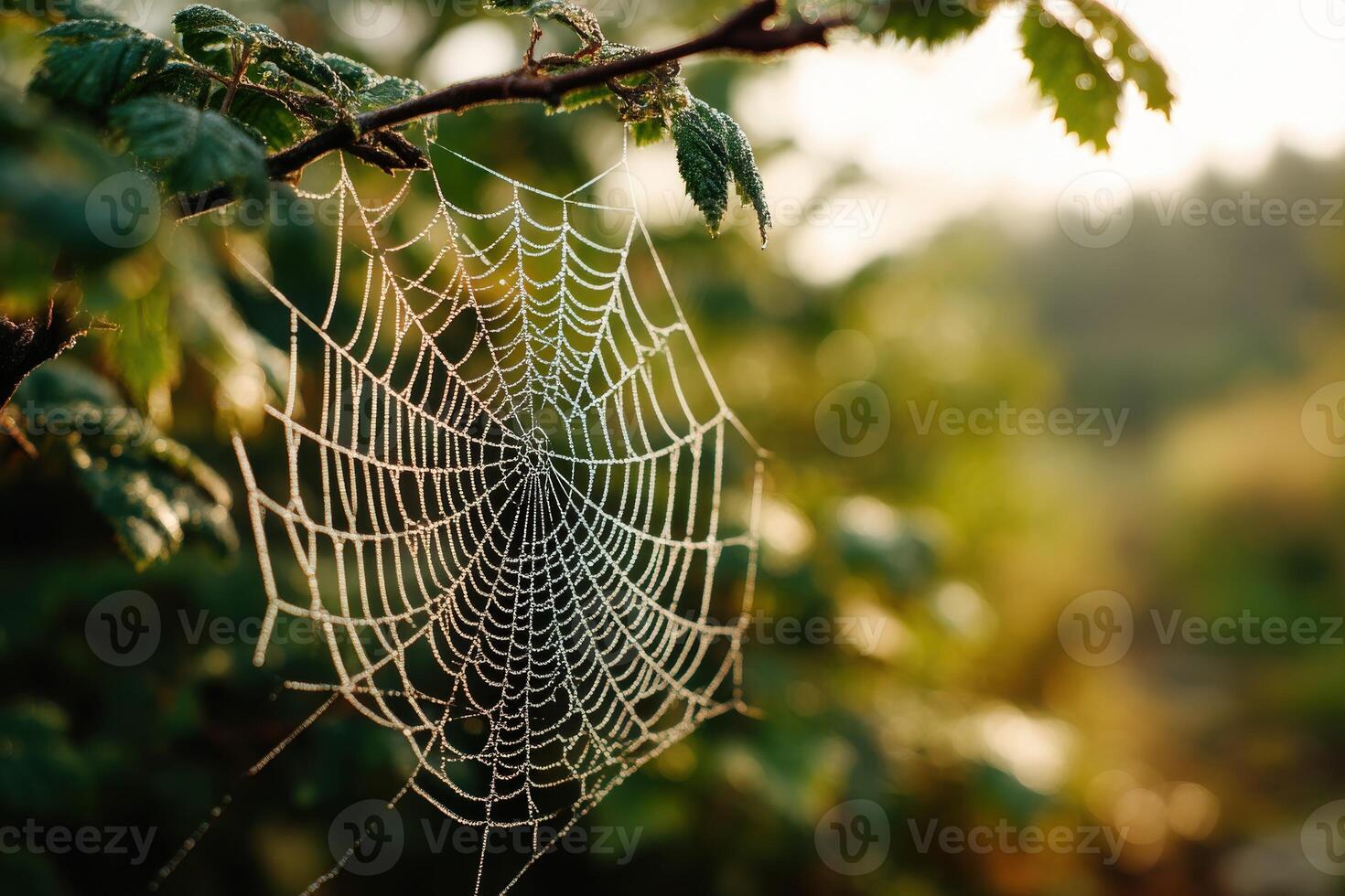 Spider web glistens in the morning sunlight on a branch photo