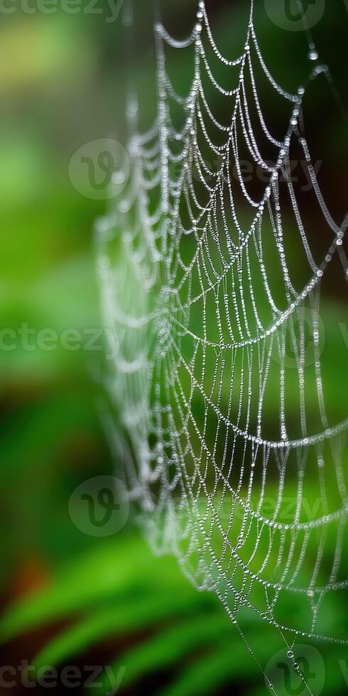 Dew drops glisten on a spider web in the forest photo