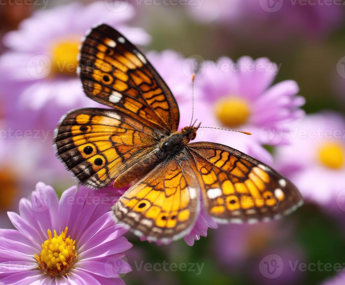 Butterfly resting on pink flowers in a vibrant garden photo