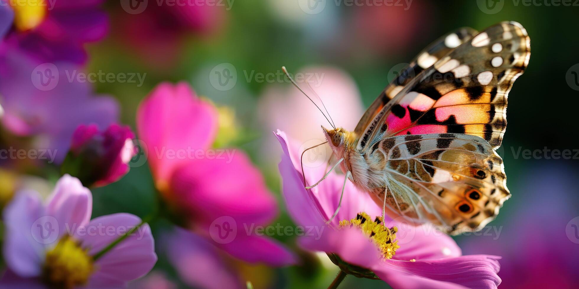 Colorful butterfly resting on vibrant flowers in spring photo