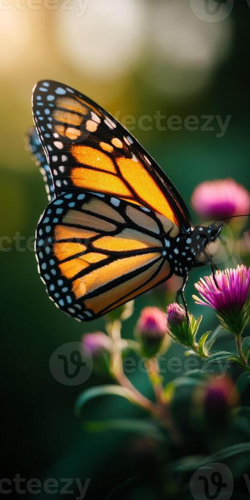 Vibrant butterfly perched on a blooming flower photo